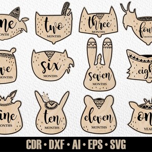 12 jalons mensuels dessinés à la main pour bébé Woodland Baby SVG. De quelques mois à un an. Marqueurs photo. Fichier de découpe numérique. Fichier SVG Glowforge