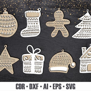 HANDGEZEICHNETER Weihnachtsschmuck SVG. Laser Cut Christbaumschmuck. Mehrschichtige Ornamente. Urlaub Dekor. Holzornamente