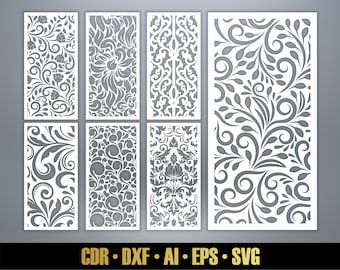 Plantillas de panel de patrones de adorno de flores vintage SVG Set #20. 7 archivos vectoriales de corte por láser. Separador de ambientes de hojas SVG. Panel decorativo DXF