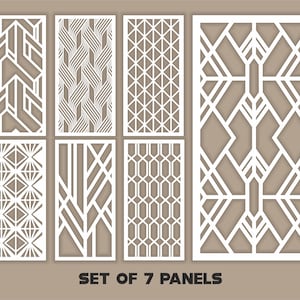 Plantillas de paneles geométricos futuristas SVG. 7 archivos vectoriales para corte láser. Separador de ambientes moderno y futurista SVG. Panel decorativo DXF