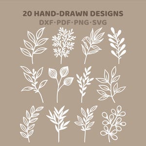 Può includere: Una collezione di 20 disegni botanici bianchi disegnati a mano, tra cui foglie e ramoscelli, su uno sfondo beige. I disegni sono disponibili nei formati DXF, PDF, PNG e SVG. Il testo "20 HAND-DRAWN DESIGNS" è in alto.