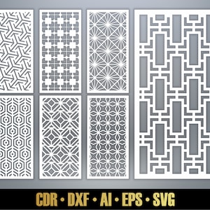 幾何学模様パネル テンプレート SVG セット #17。レーザーカット用の 7 つのベクター ファイル。部屋の仕切り SVG。装飾パネル DXF