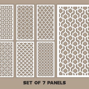 May include: A collection of seven white decorative panels with detailed, cut-out patterns. The panels showcase diverse geometric designs, such as circles, quatrefoils, and arabesque motifs. The text "SET OF 7 PANELS" is visible at the bottom.