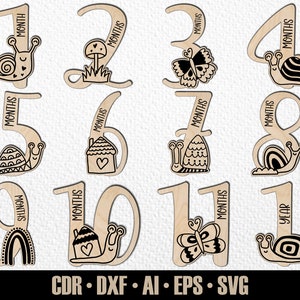12 escargots mensuels dessinés à la main pour bébés escargots SVG. De quelques mois à un an. Fichier de découpe numérique. Marqueurs photo Glowforge SVG