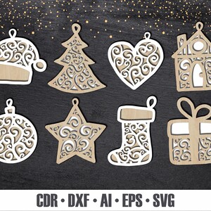 HANDGEZEICHNETER Weihnachtsschmuck SVG. Laser Cut Christbaumschmuck. Mehrschichtige Ornamente. Urlaub Dekor. Holzornamente