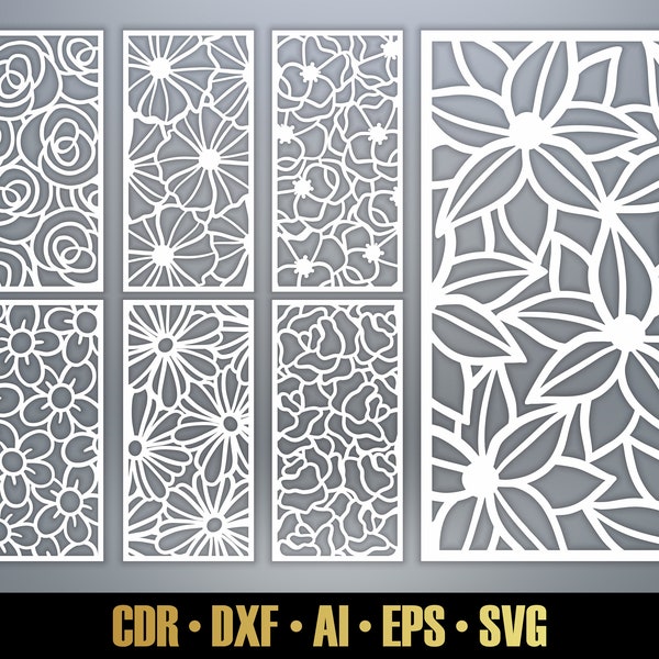 Modelli di pannelli di motivi floreali SVG Set #31. 7 file di taglio laser vettoriale. Divisorio foglia SVG. Pannello Decorativo DXF
