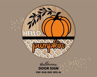 Hello Pumpkin Round Door Hanger SVG, Autumn Welcome Sign, Farmhouse Decor (Digital Download)