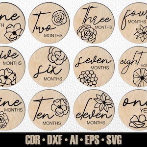 12 jalons mensuels pour bébé SVG. Jalons arrondis. De quelques mois à un an. Marqueurs photo. Fichier de découpe numérique. Fichier SVG Glowforge
