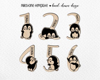 12 Hand Drawn Monthly Baby Penguin Milestones SVG. Set from months to one year. Digital Cut File. Glowforge SVG photo markers