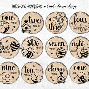 Può includere: Dischi di pietra miliare in legno con disegni disegnati a mano. Ogni disco presenta un numero da uno a dodici, con illustrazioni di api, cuori, fiori e miele. Il testo "mesi" o "anno" è incluso.