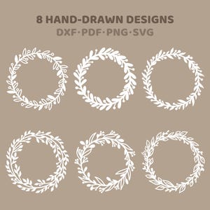 May include: A collection of eight hand-drawn white wreath designs on a tan background. The text "8 HAND-DRAWN DESIGNS" is at the top, with file type options below. Each wreath features a circular arrangement of leaves and berries.