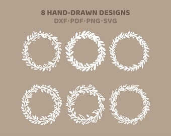8 Hand-Drawn Flower Wreath Frames SVG – Laser Cut Files Bundle DXF (Digital Download)