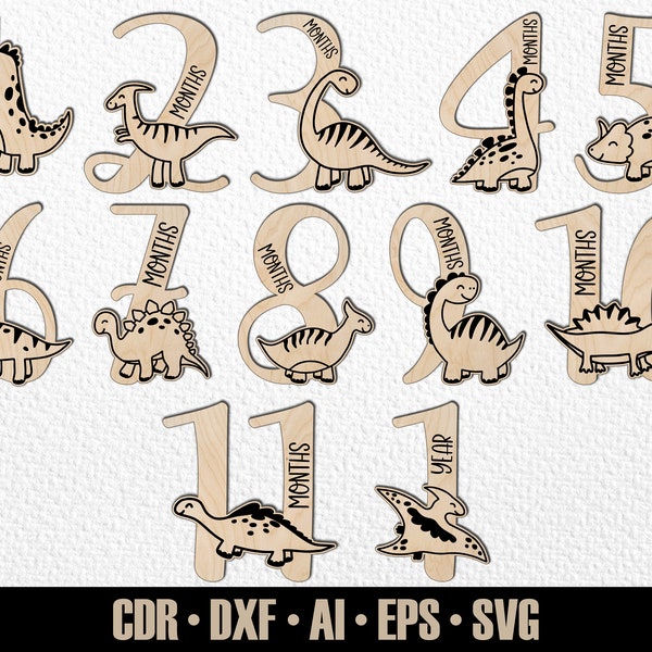 12 Hand Drawn Monthly Baby Dinosaur Milestones SVG. Set from months to one year. Dino Photo Markers. Digital Cut File. Glowforge SVG File