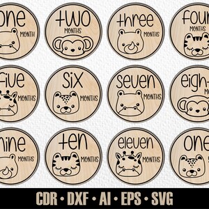 12 jalons mensuels dessinés à la main pour bébés animaux des bois Woodlans SVG. De quelques mois à un an. Fichier de découpe numérique. Marqueurs photo Glowforge SVG