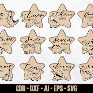 12 étapes mensuelles dessinées à la main de bébé dinosaure SVG. De quelques mois à un an. Marqueurs photo dinosaures. Fichier de découpe numérique. Fichier SVG Glowforge