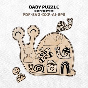 Puede incluir: Rompecabezas de madera para bebés con forma de caracol, con formas recortadas de seta, mariposa, caracol, casa y arcoíris. El rompecabezas tiene el texto "BABY PUZZLE" y "laser ready file".