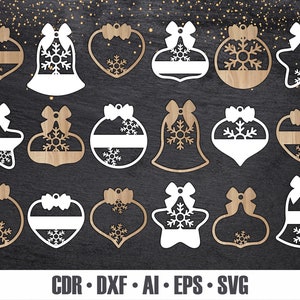 18 Christbaumkugeln Personalisierte Ornamente SVG. Laser Cut Urlaub Dekor. Holzornamente. Laser Cut Template Cut Dateien
