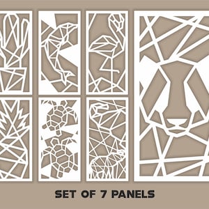 May include: Set of seven white geometric panels featuring various animal and plant designs, including a cactus, dolphin, flamingo, pineapple, turtles, and a panda bear. The text "SET OF 7 PANELS" is displayed at the bottom.