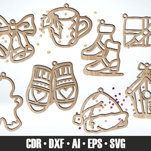 8 HANDGEZEICHNETER Weihnachtsschmuck SVG. Laser Cut Christbaumschmuck. Urlaub Dekor. Holzornamente