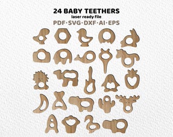 Baby Wooden Teethers SVG. 24 Designs. Baby Gift. aby Gift Ideas. Animal Teether CNC file. Vector Baby Teethers. Teething. Wooden Toy