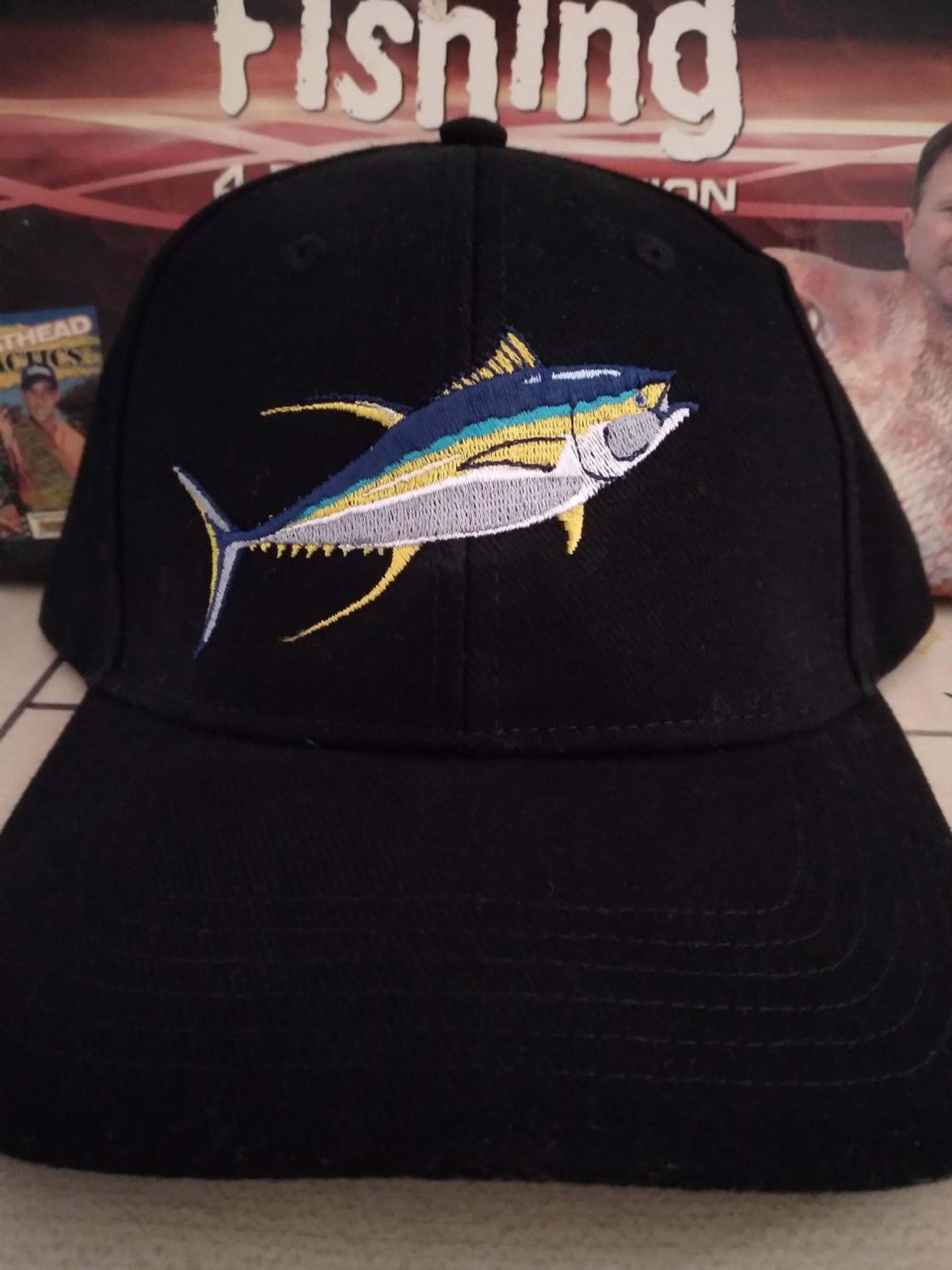 Tuna Fishing Cap, quality embroidery on brushed heavy cotton cap, velcro straps for adjustment, one size fits all.