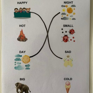May include: A printable worksheet with a matching game for children. The worksheet has the words "Opposite Match" and "Can you find the opposite?" at the top. The worksheet has pairs of opposite words, such as "happy" and "sad", "hot" and "cold", and "big" and "small".