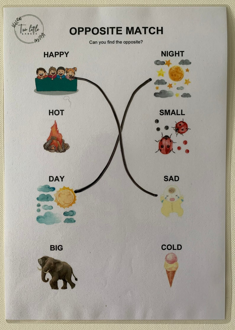 May include: A printable worksheet with a matching game for children. The worksheet has the words "Opposite Match" and "Can you find the opposite?" at the top. The worksheet has pairs of opposite words, such as "happy" and "sad", "hot" and "cold", and "big" and "small".