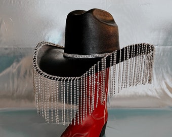 Rhinestone Fringe Cowboy Hat | Black Rhinestone Cowgirl Hat in Long Fringe