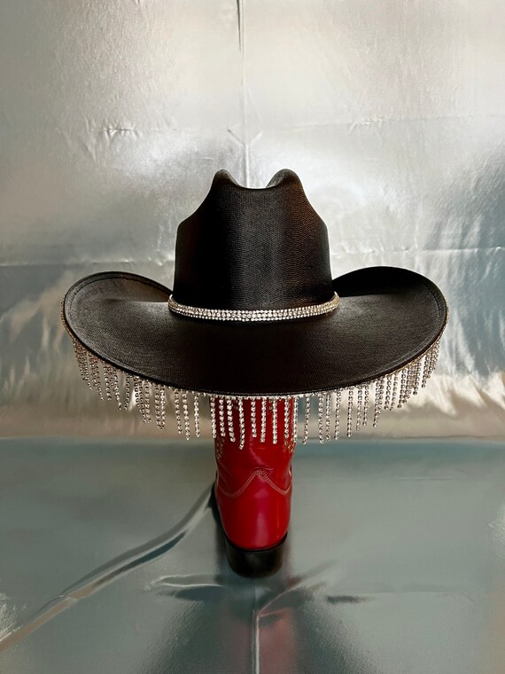 Rhinestone Fringe Cowboy Hat Black Rhinestone Cowgirl Hat in Short Fringe Etsy