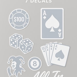 Poker Pack Vinyl Decals – 7 Designs (Cards, Dice, 8-Ball, Joker, “All In”)