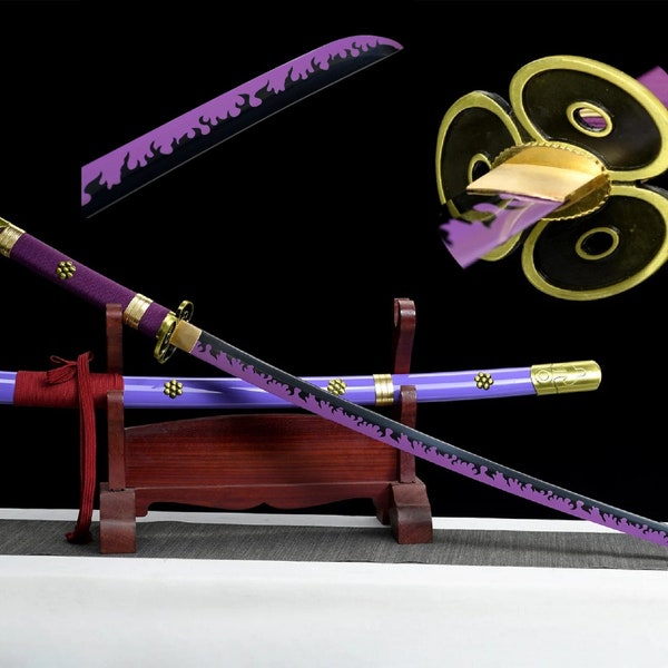 Miecze jednoczęściowe-Roronoa Zoro Enma-1045 stal węglowa fioletowy/czarny-miecz anime-ostre ostrze prawdziwe-japońska katana ręcznie robiona-Full Tang