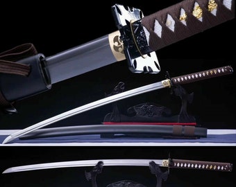 Japanese Katana - 1060 Steel Blade - Black Saya Brown Handle -  Sharp Full Tang - Handmade Real Swords - Gift for him Birthday -Decoration