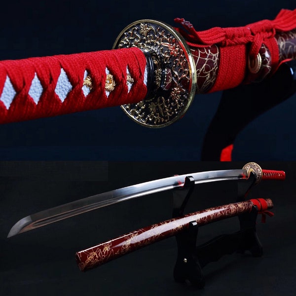 Japanese Katana - 1060 High Carbon Steel Blade - Red Saya and Handle -  Sharp Full Tang - Handmade Real Swords -Gift for him Birthday