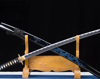 High Carbon Steel Real Katana - Dragon Japanese Sword - Handmade - Full Tang - Sharp For Cutting - Wooden Sheath