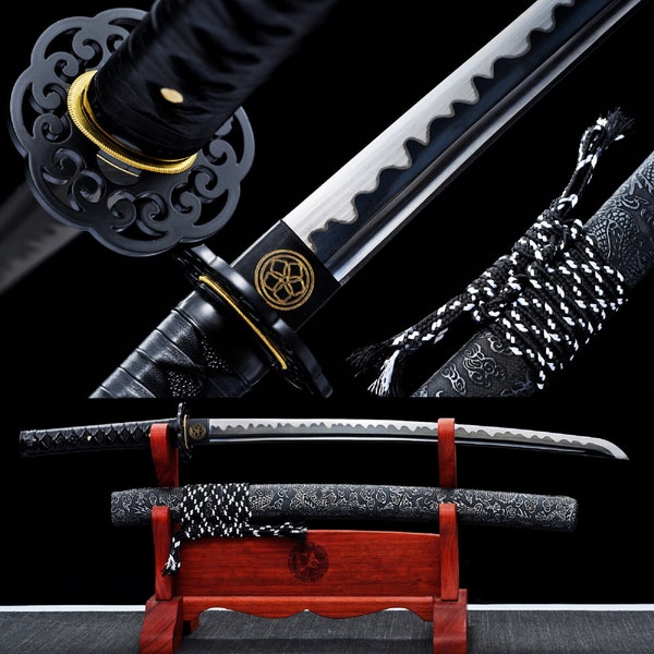 Handmade Katana Wakizashi - Hand Forged T10 Steel Katana - Black Blade and Saya Design - Sword Real Sharp Battle Ready Samurai Sword - Gift