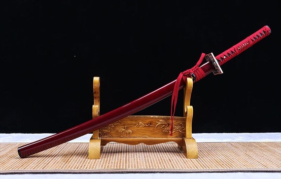 Katana del dragón japonés Acero real hecho a mano Espada Tang completa  Chapado rojo Navaja afilada Vaina de madera -  México