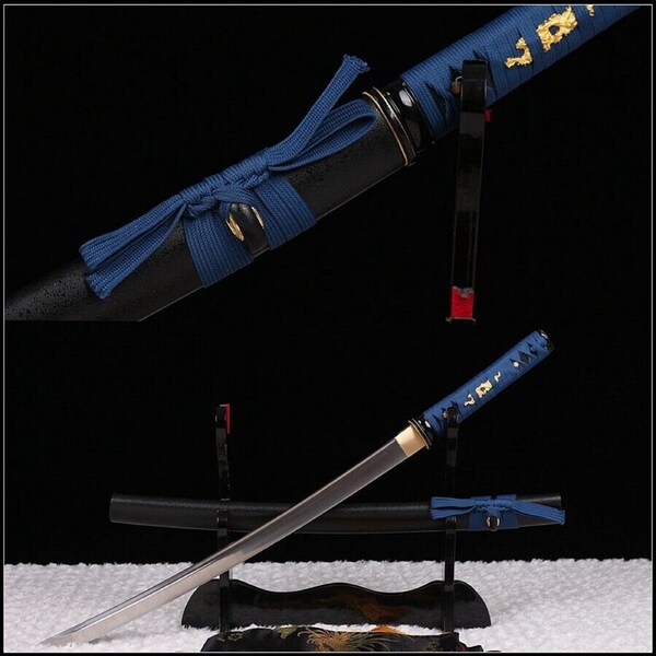 Handmade Katana Wakizashi - Hand Forged High Carbon 1060 Steel Katana - Black and Blue Design - Battle Ready Samurai Sword - Gift - Birthday