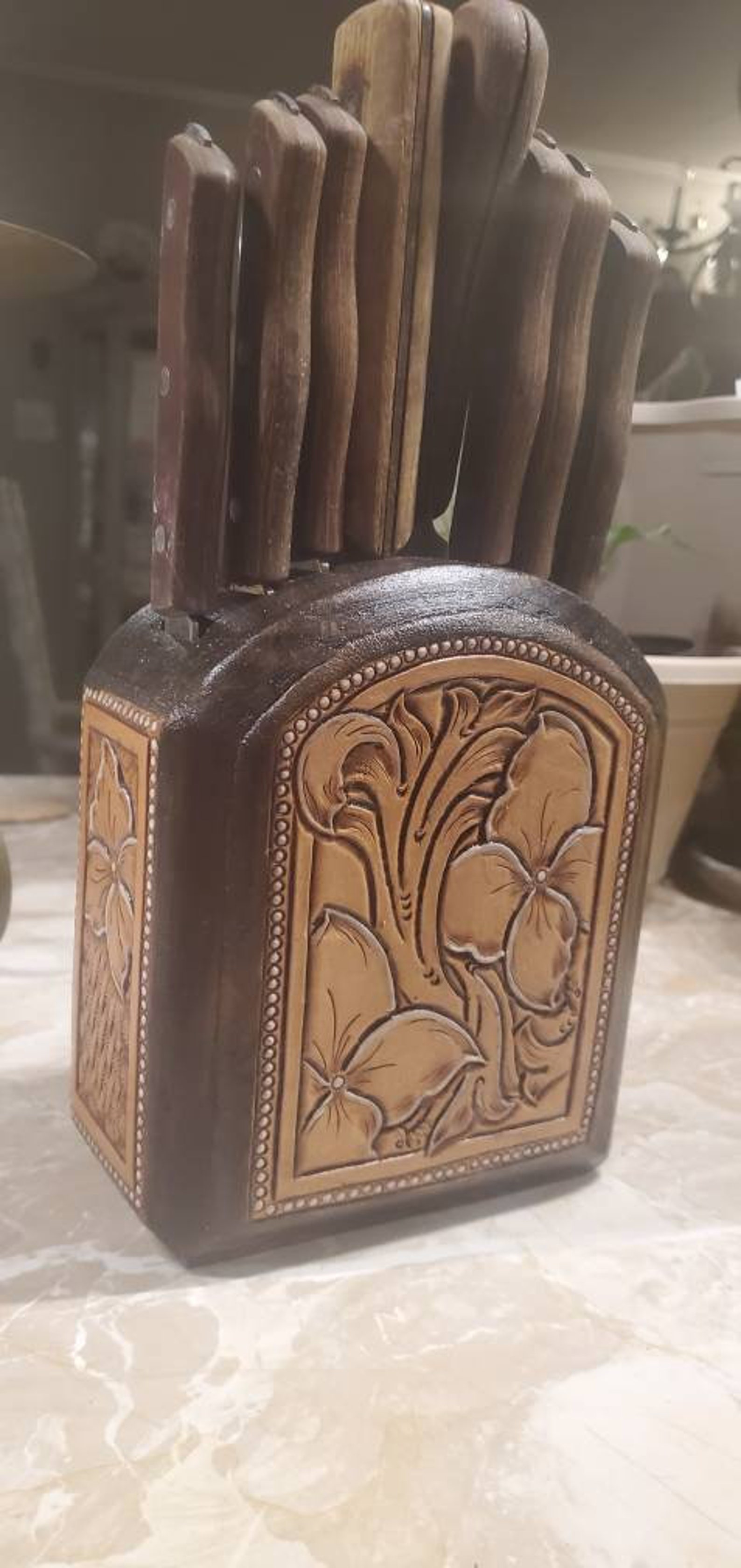 Hand Tooled Leather Knife Block Etsy