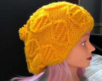 DNA hat with pompom, Slouchy beanie, Yellow beanie hand knit, STEM gifts, Science teacher nurse medical student graduation gifts, geek grad