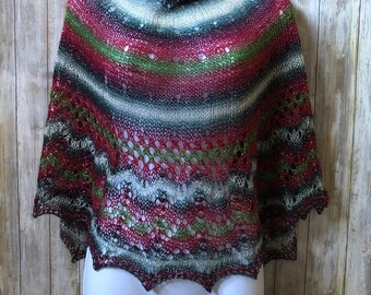 Glitter red and green beaded hand knit shawl, formal evening wrap, Unique gift for girlfriend from boyfriend, Holiday gift for fiancé
