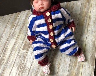 Red white and blue newborn outfit, All American baby gift, patriotic baby overall, Hand knit baby clothes for autumn baby shower