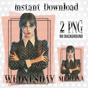 Puede incluir: Una ilustración digital de una joven con cabello oscuro en trenzas, vistiendo un vestido de lunares negros y blancos con un cuello blanco. El fondo es de color rosa claro. El texto "WEDNESDAY" está debajo de la imagen. El texto "2 PNG NO BACKGROUND" está en la esquina superior derecha de la imagen.