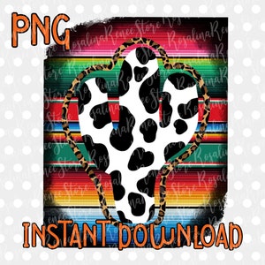 May include: A white cactus with black spots, outlined in leopard print, is set against a colourful striped background. The background resembles a traditional Mexican blanket. The text "INSTANT DOWNLOAD" is at the bottom of the image.