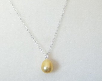 Huge 11-12mm South Sea Pearl yellow pendant, Sphere, Baroque Pearl, Downton Abbey Style, Cocktail Necklace, Bohemian Style, Gift For Women