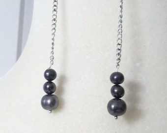 Black Shoulder Grazing Pearl Earrings, Long Chain Pearl Drops, Gift For Sister, Fine Jewelry, Seawater Pearls, Floating Statement Earring