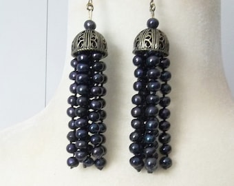 Boucles d'oreilles surdimensionnées avec perle noire, Boucles d'oreilles tendance, Boucles d'oreilles lustre d'eau de mer, Épaule frôlant, Cadeau pour soeur, Boucle d'oreille cocktail sphère