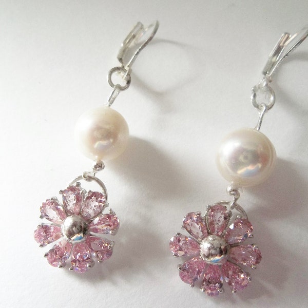 Avant Garde, White 10mm South Sea Pearls & Pink Sapphire Floral Earrings, 925 Silver Lever Backs, Cocktail Jewelry, Anniversary Gift