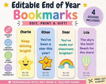 Editable End of Year Bookmarks | Student Keepsake, Last Day Gift (Digital Download)