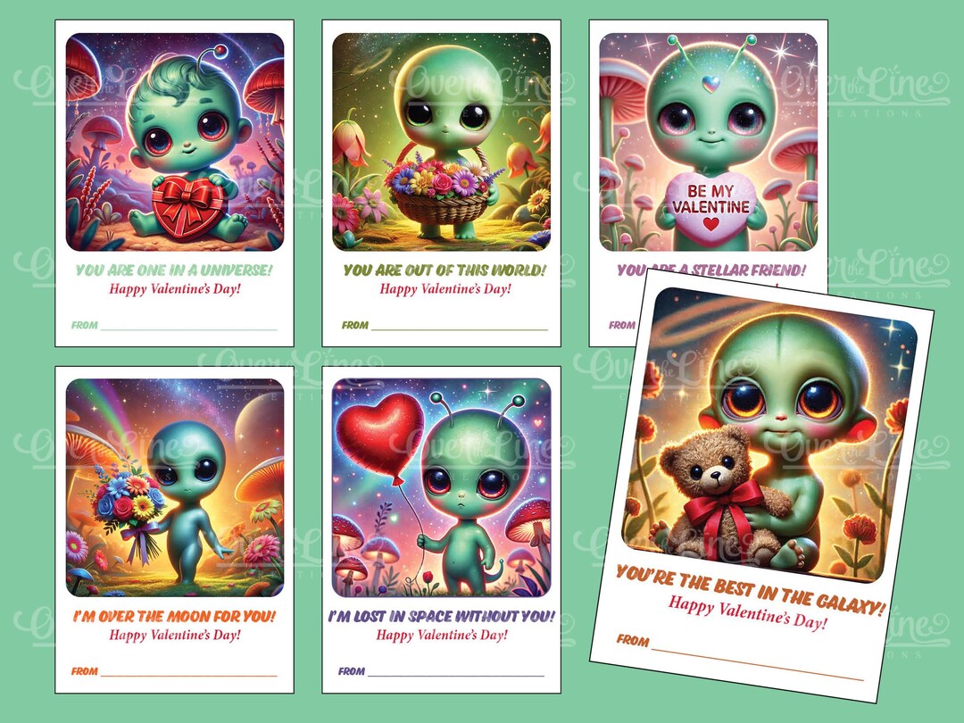 Alien Baby Valentine's Cards for Kids: 6 Designs, Downloadable ...