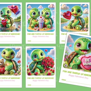 May include: Five printable Valentine's Day cards featuring cute cartoon turtles with different expressions and holding various Valentine's Day themed items, such as hearts, flowers, and candy. The cards all have the text "You are turtle-ly awesome! Happy Valentine's Day" on them.